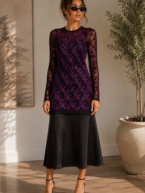 Vintage Samantha Black Floral Lace Overlay Drop Waist Midi Dress Set